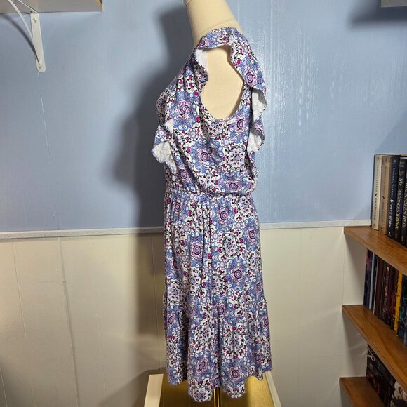 Loft Medium Pink Blue Floral V Neck Ruffle Sleeveless Knee Length Summer Dress - Picture 7 of 9